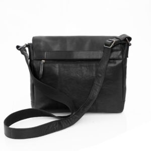 black leather messenger bag, back view with a zipped pocket and a trolley strap.