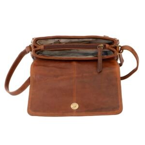 a brown leather bag is seen from above to show multiple compartments. there is a centre zipped section.