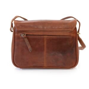 brown leather handbag, back view, zipped pocket.