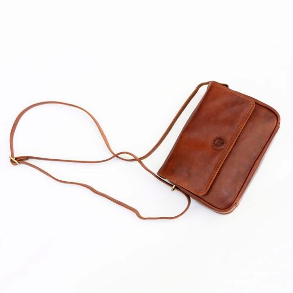 small brown leather crossbody handbag.