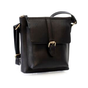 Side view of a black leather crossbody bag featuring a buckled front pocket adorned with brass-coloured accents.