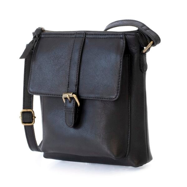 Side view of a black leather crossbody bag featuring a stylish buckled front design.