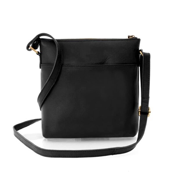 Back view of a black leather crossbody bag with a convenient slip pocket at the back for easy access.