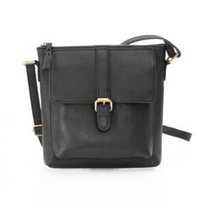 A sleek black leather crossbody bag featuring a modern design, perfect for women on-the-go