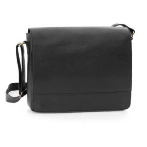 Black leather messenger bag front