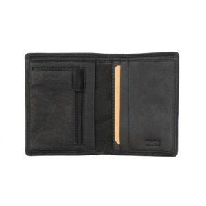 black leather wallet, open to show card slots.