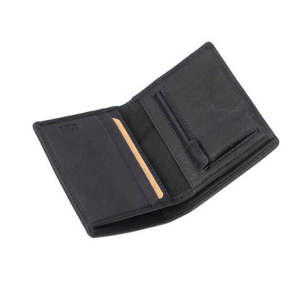 black leather wallet, open .