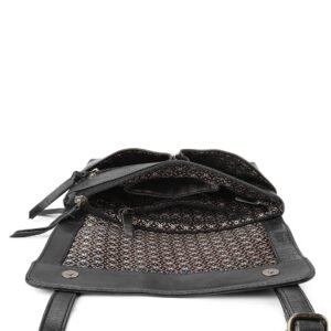 The inside of a PRIMEHIDE black crossbody organiser bag showing multiple compartments and patterned lining.