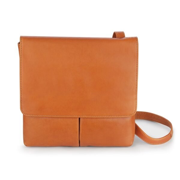 Front view of a cognac PRIMEHIDE crossbody organiser bag made of real leather with a flap closure and no visible pockets or compartments.