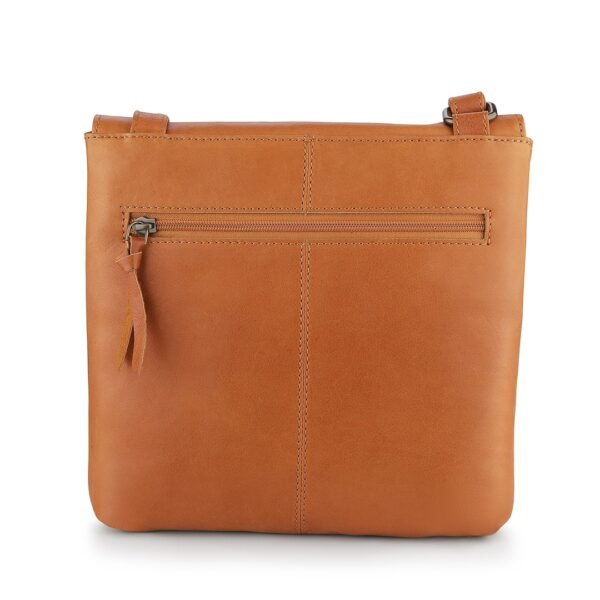 Back view of a cognac PRIMEHIDE crossbody organiser bag made of real leather with a zippered pocket.