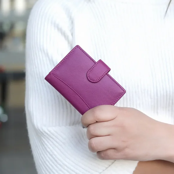 Fuchsia premium soft leather RFID credit card holder. Designed for women, it combines elegance with security