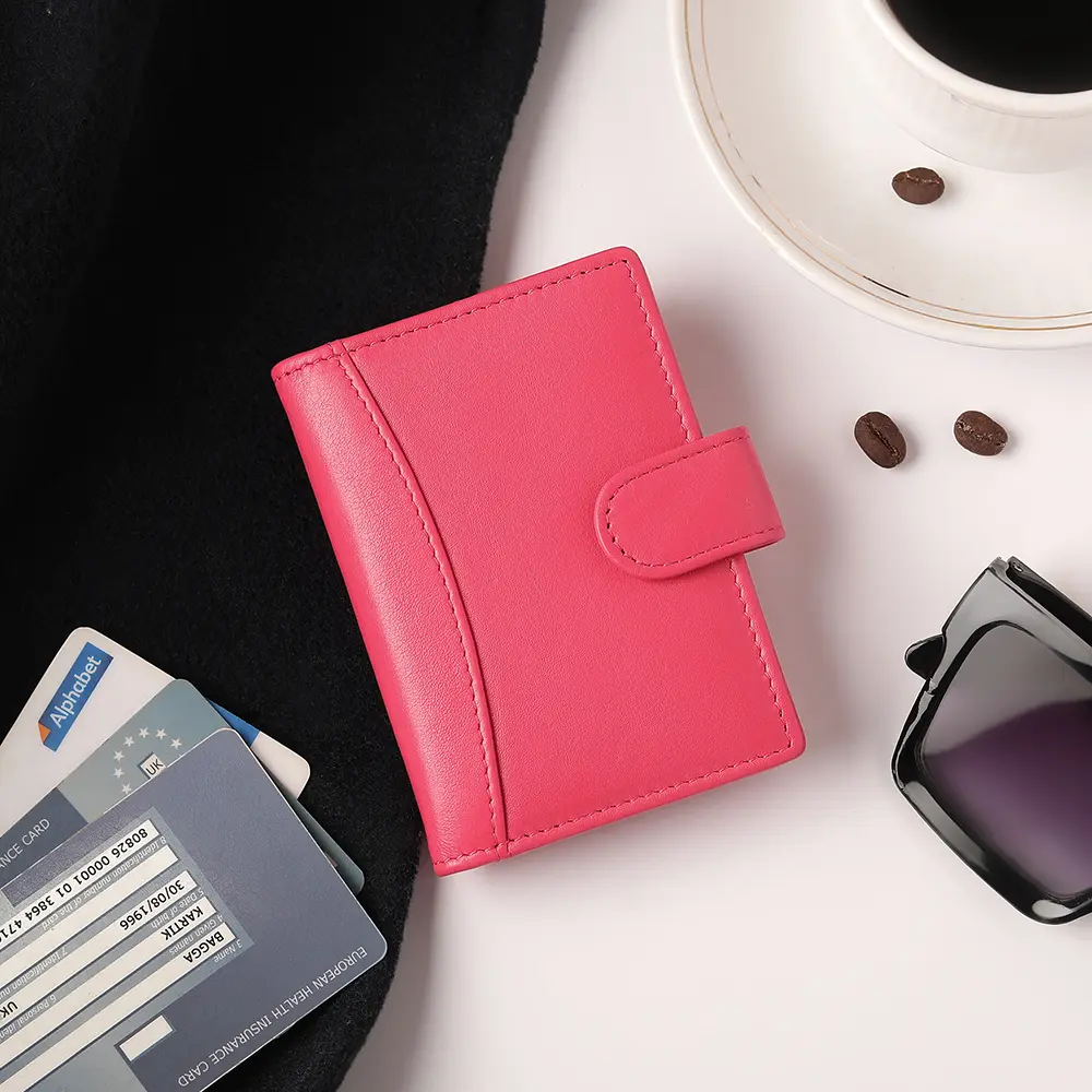 Pink premium leather RFID credit card holder, designed specifically for women