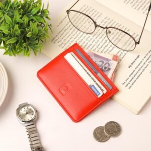 Orange leather card holder on an open book with banknotes and cards inside