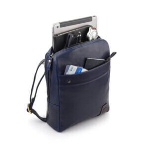 Side-angled view of navy real leather messenger bag with gold-tone hardware – smart and compact crossbody design for work or daily carry.