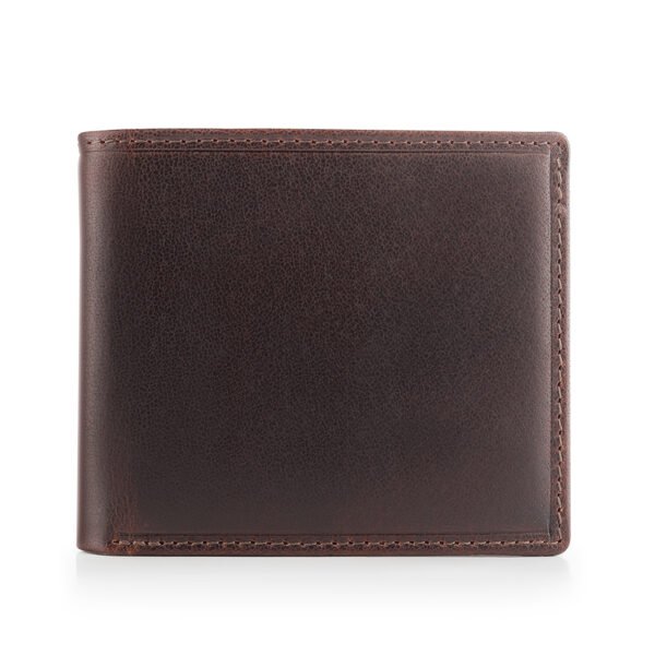 Classic brown bifold leather wallet with smooth finish, ideal gift for men with optional engraving or embossing.